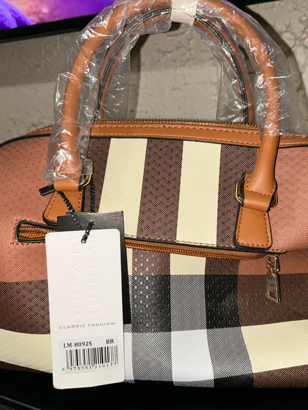 Classic Brown Plaid Satchel with Tan Handles
